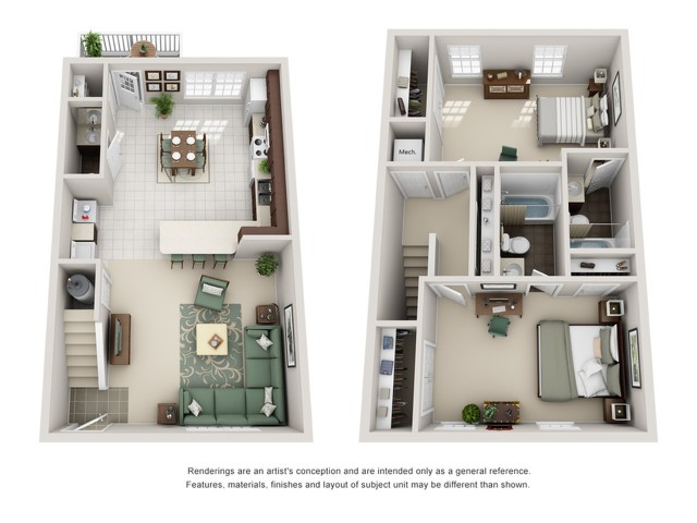 A 3D image of the 2BR/2BA – FURNISHED floorplan, a 1300 squarefoot, 2 bed / 2 bath unit