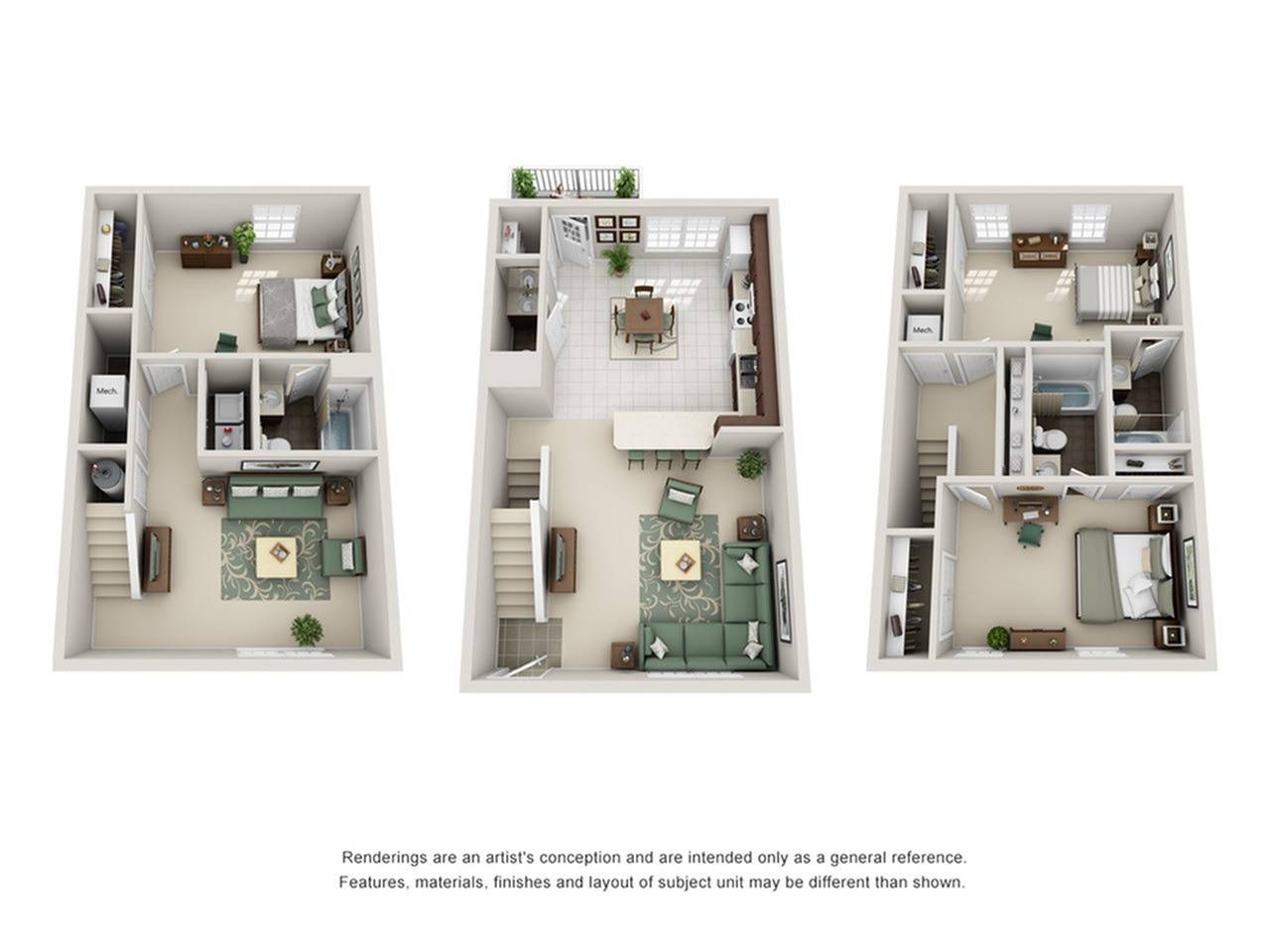 A 3D image of the 3BR/3BA – UNFURNISHED floorplan, a 2000 squarefoot, 3 bed / 3 bath unit