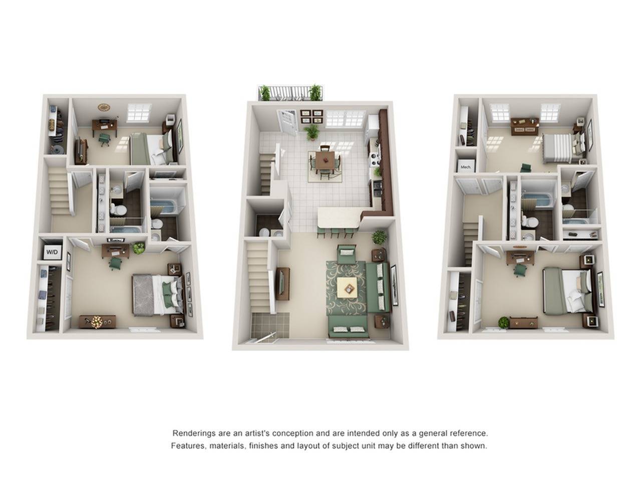 A 3D image of the 4BR/4BA – UNFURNISHED floorplan, a 2000 squarefoot, 4 bed / 4 bath unit