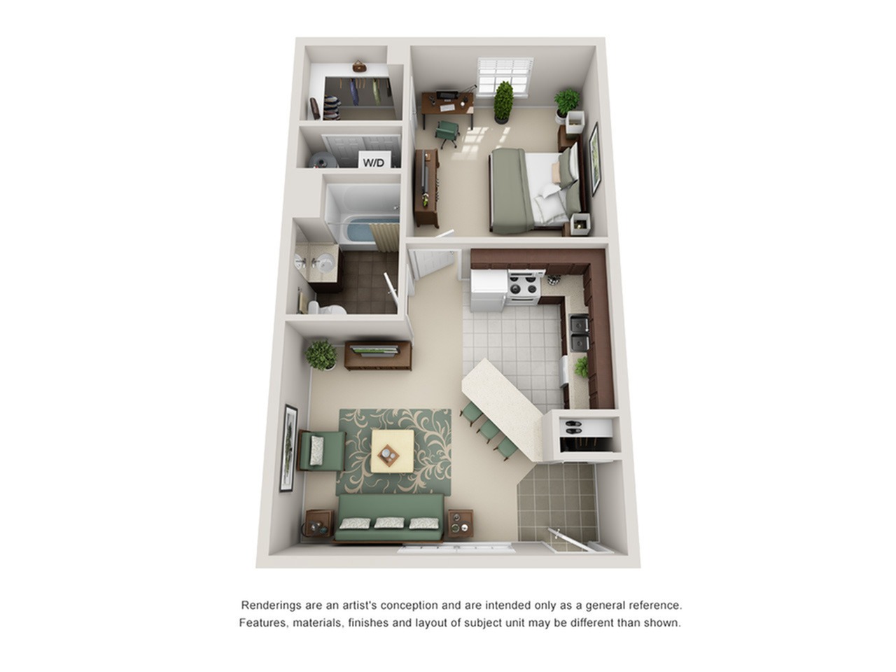 A 3D image of the 1BR/1BA – UNFURNISHED floorplan, a 650 squarefoot, 1 bed / 1 bath unit