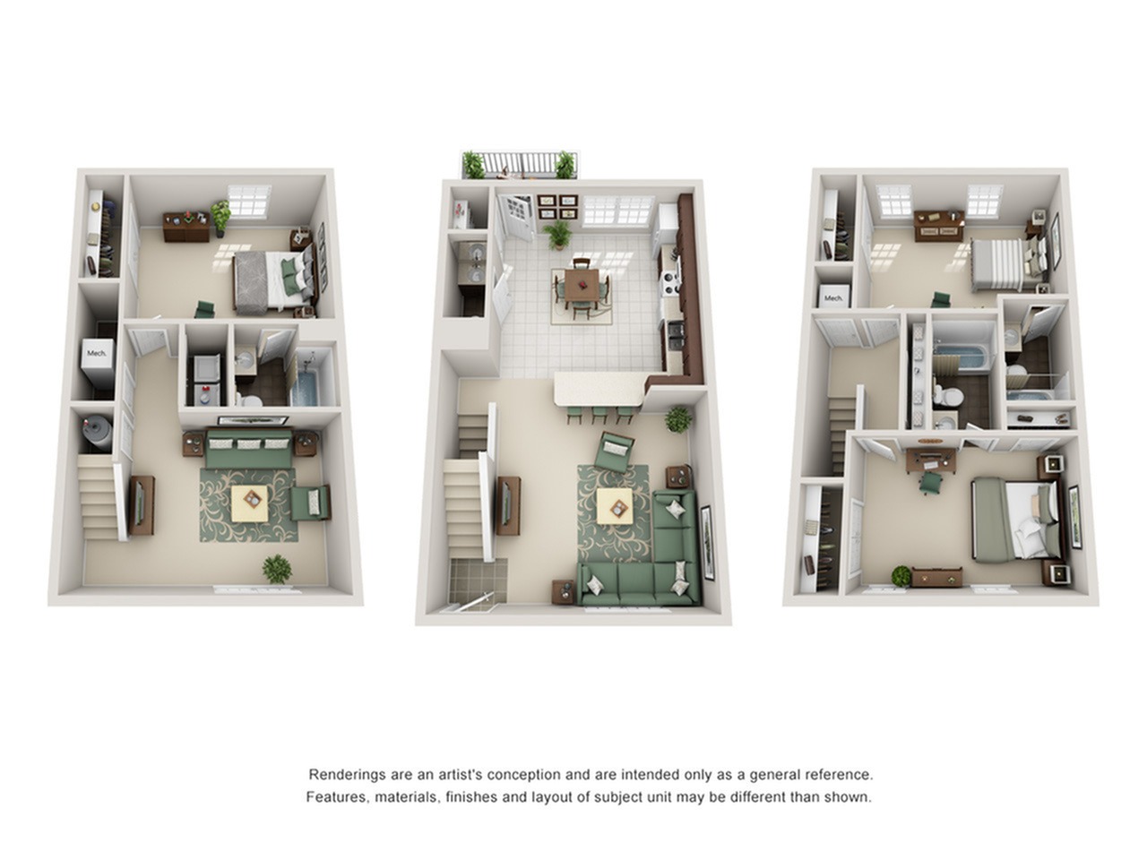 A 3D image of the 3BR/3BA UPGRADE FURNISHED floorplan, a 2000 squarefoot, 3 bed / 3 bath unit