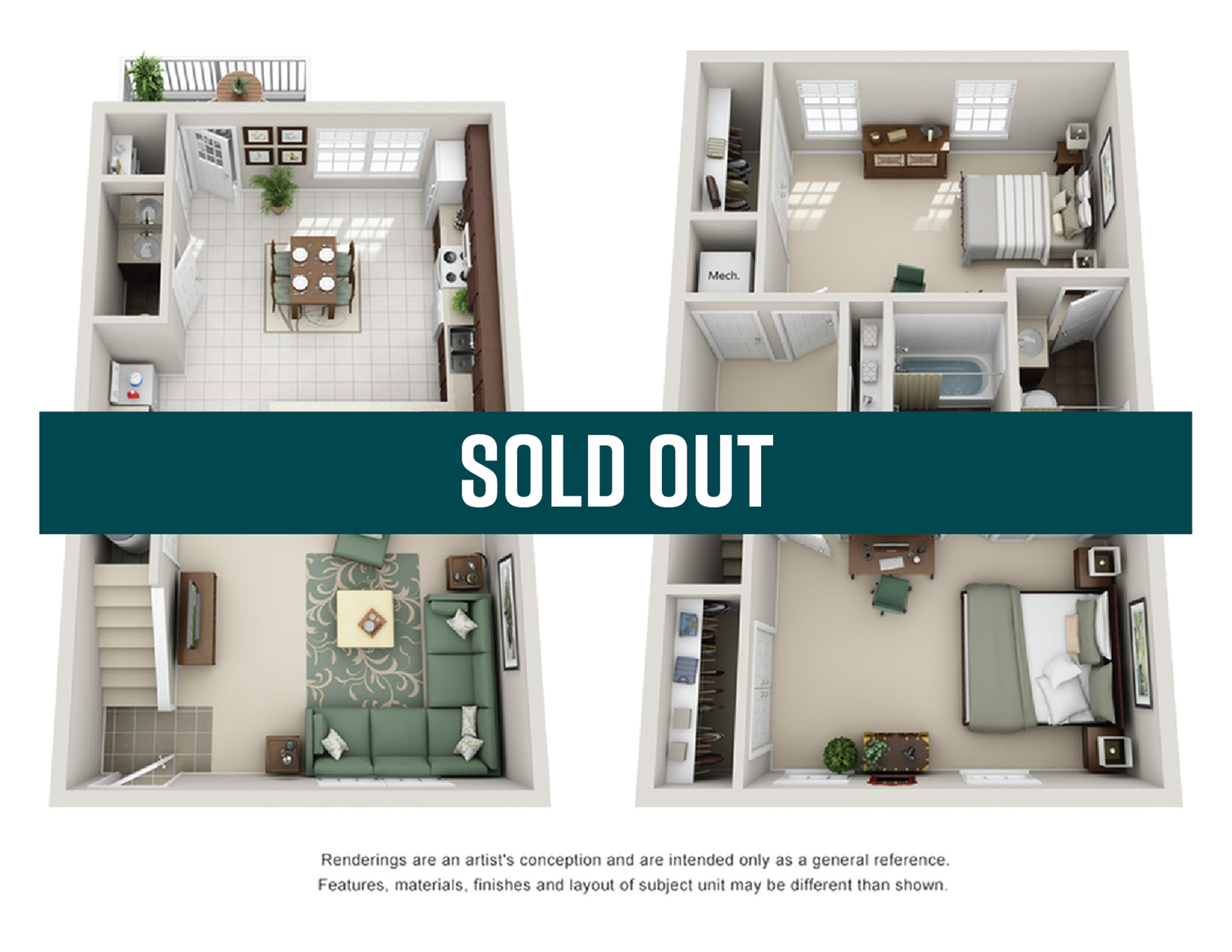 A 3D image of the 2BR/2BA – H – UNFURNISHED floorplan, a 1300 squarefoot, 2 bed / 2 bath unit