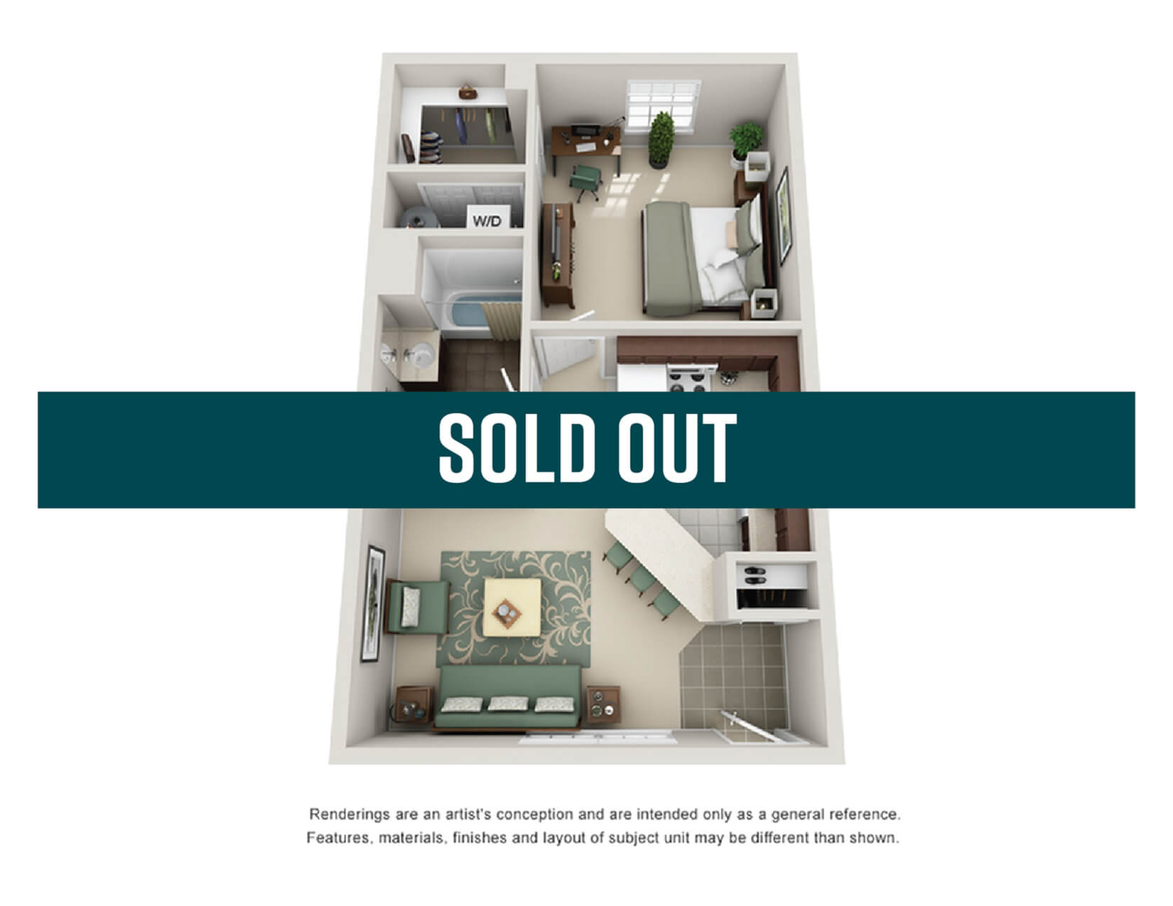 A 3D image of the 1BR/1BA – UNFURNISHED floorplan, a 650 squarefoot, 1 bed / 1 bath unit
