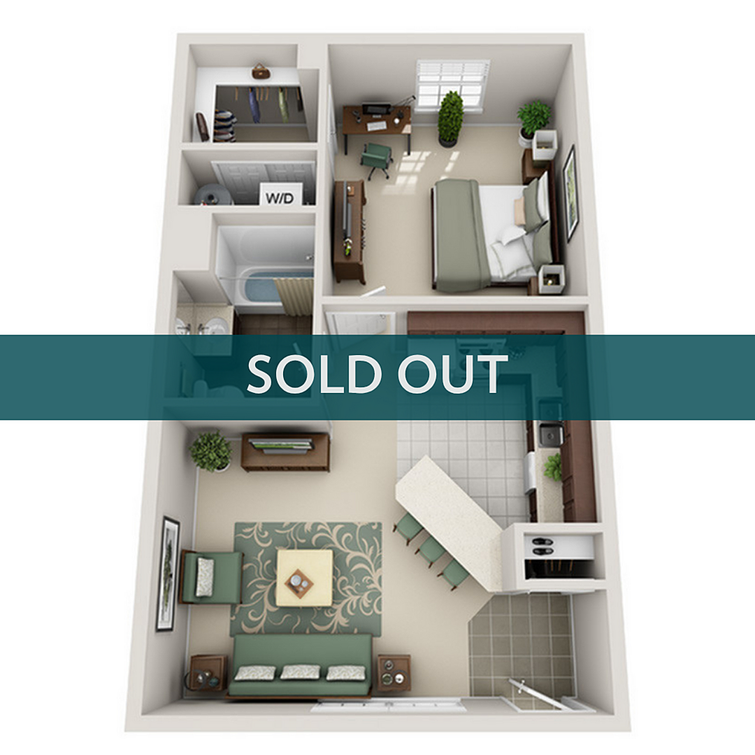 A 3D image of the 1BR/1BA – FURNISHED floorplan, a 650 squarefoot, 1 bed / 1 bath unit